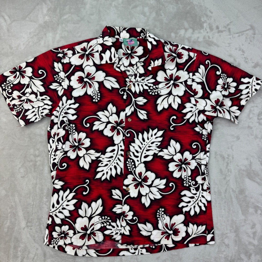 Jade Fashions Hawaiian Shirt Mens M Red Regular Tropical Hibiscus Floral Hawaii